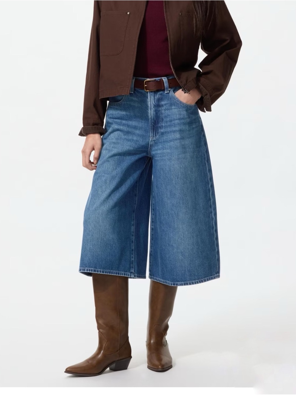 Uniqlo Culottes Women 29 Blue Baggy Loose Denim Jeans Crop High Rise Wide Jorts